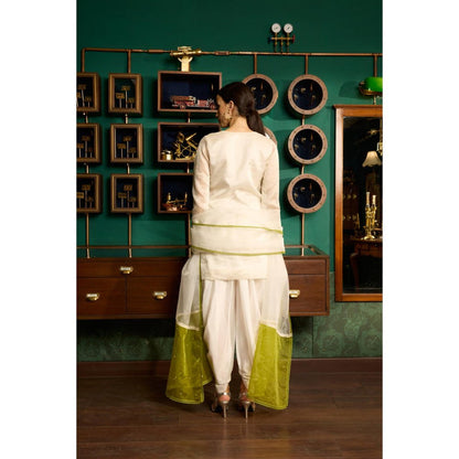 MEESA Beige Embroidered Chanderi Silk Kurta With Dhoti and Organza Dupatta (Set of 3)