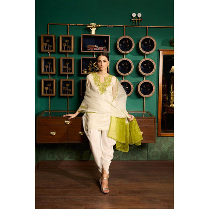 MEESA Beige Embroidered Chanderi Silk Kurta With Dhoti and Organza Dupatta (Set of 3)