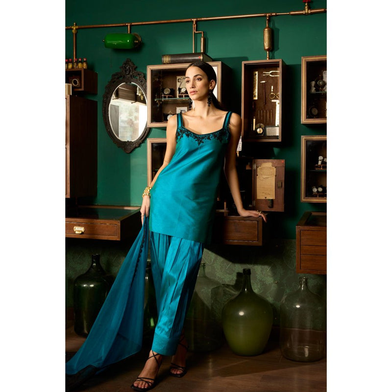 MEESA Teal Embroidered Raw Silk Kurta with Pant and Organza Dupatta (Set of 3)