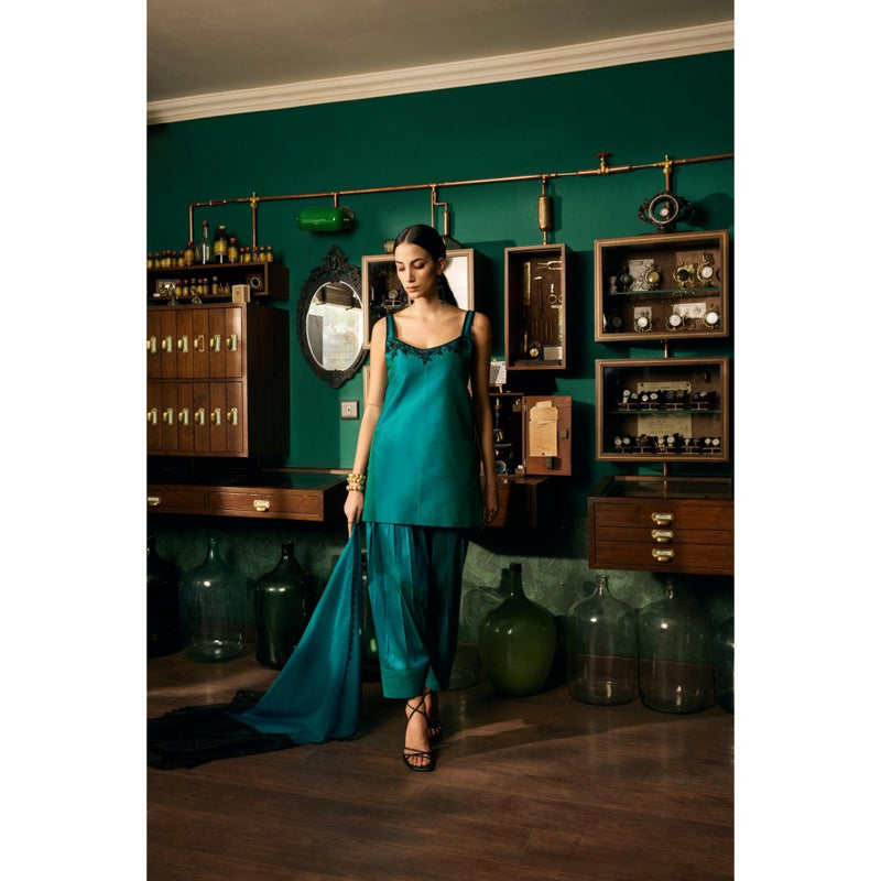 MEESA Teal Embroidered Raw Silk Kurta with Pant and Organza Dupatta (Set of 3)