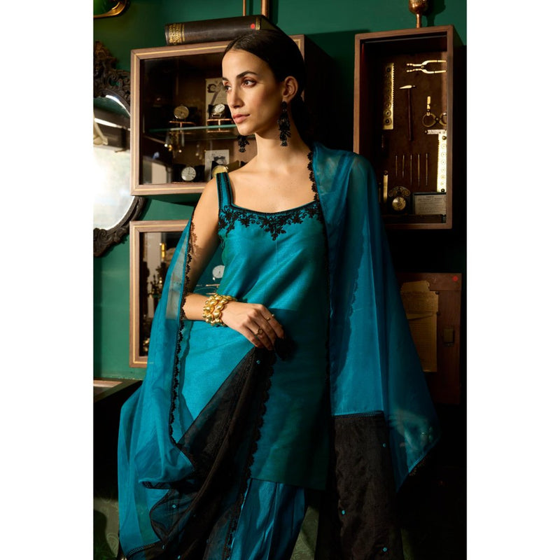 MEESA Teal Embroidered Raw Silk Kurta with Pant and Organza Dupatta (Set of 3)