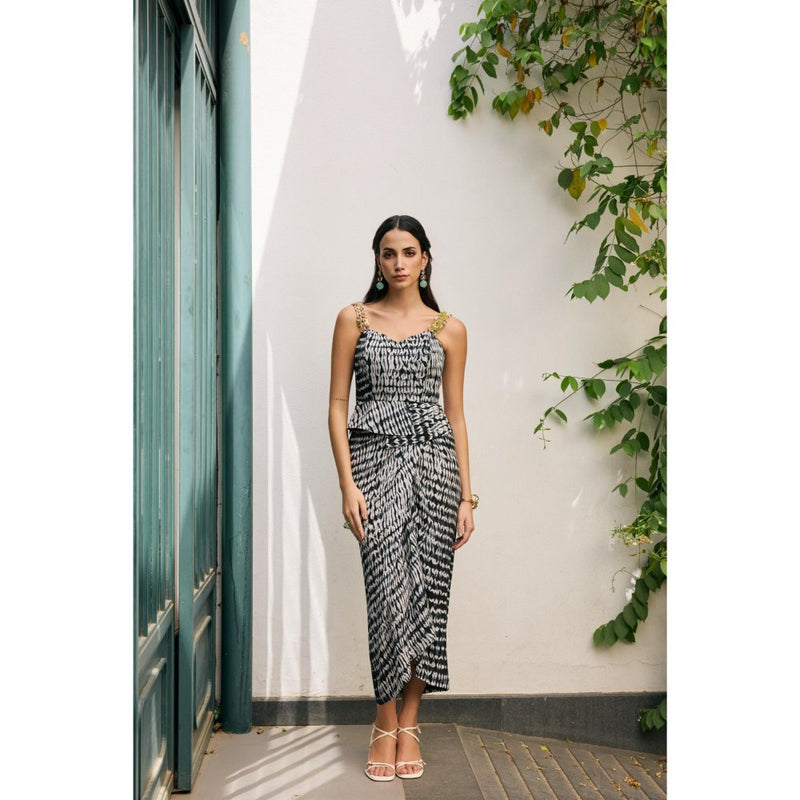 MEESA Black & White Shibori Dyed Crepe Draped Skirt with Top (Set of 2)