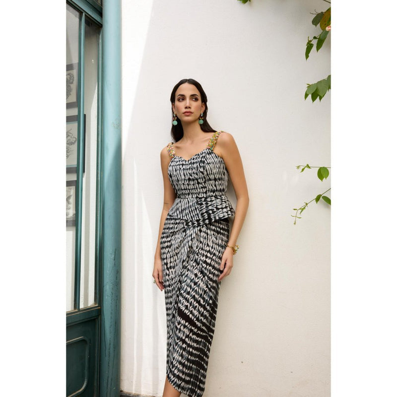 MEESA Black & White Shibori Dyed Crepe Draped Skirt with Top (Set of 2)