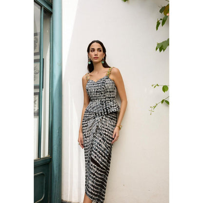 MEESA Black & White Shibori Dyed Crepe Draped Skirt with Top (Set of 2)