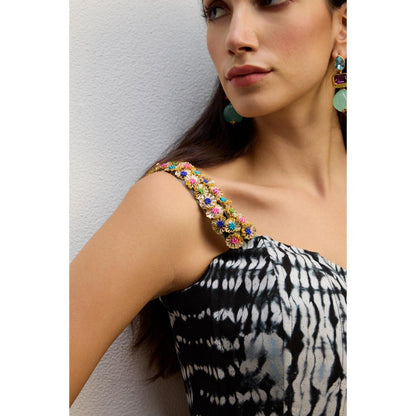 MEESA Black & White Shibori Dyed Crepe Draped Skirt with Top (Set of 2)