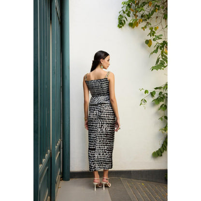 MEESA Black & White Shibori Dyed Crepe Draped Skirt with Top (Set of 2)