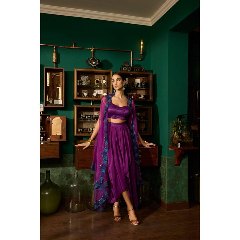 MEESA Purple Embroidered Crepe Skirt with Organza Cape and Bustier (Set of 3)