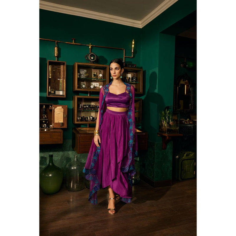 MEESA Purple Embroidered Crepe Skirt with Organza Cape and Bustier (Set of 3)