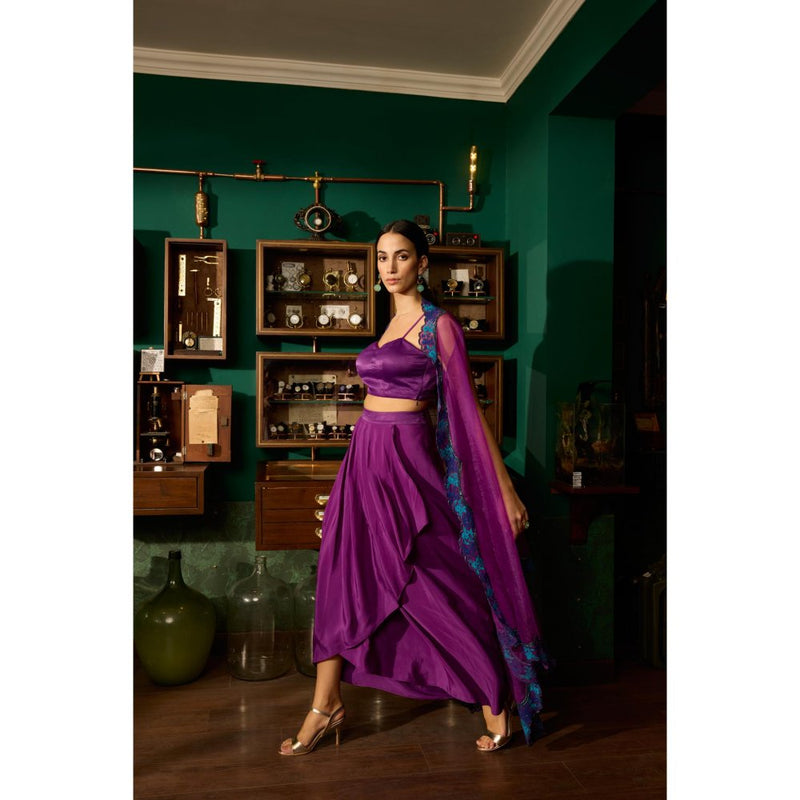 MEESA Purple Embroidered Crepe Skirt with Organza Cape and Bustier (Set of 3)