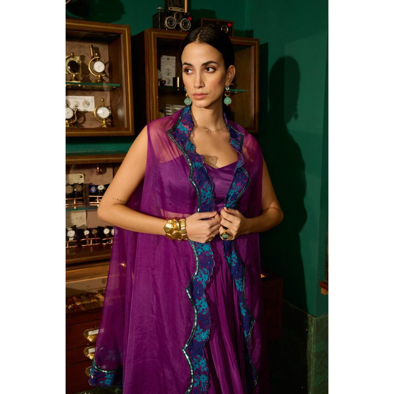 MEESA Purple Embroidered Crepe Skirt with Organza Cape and Bustier (Set of 3)