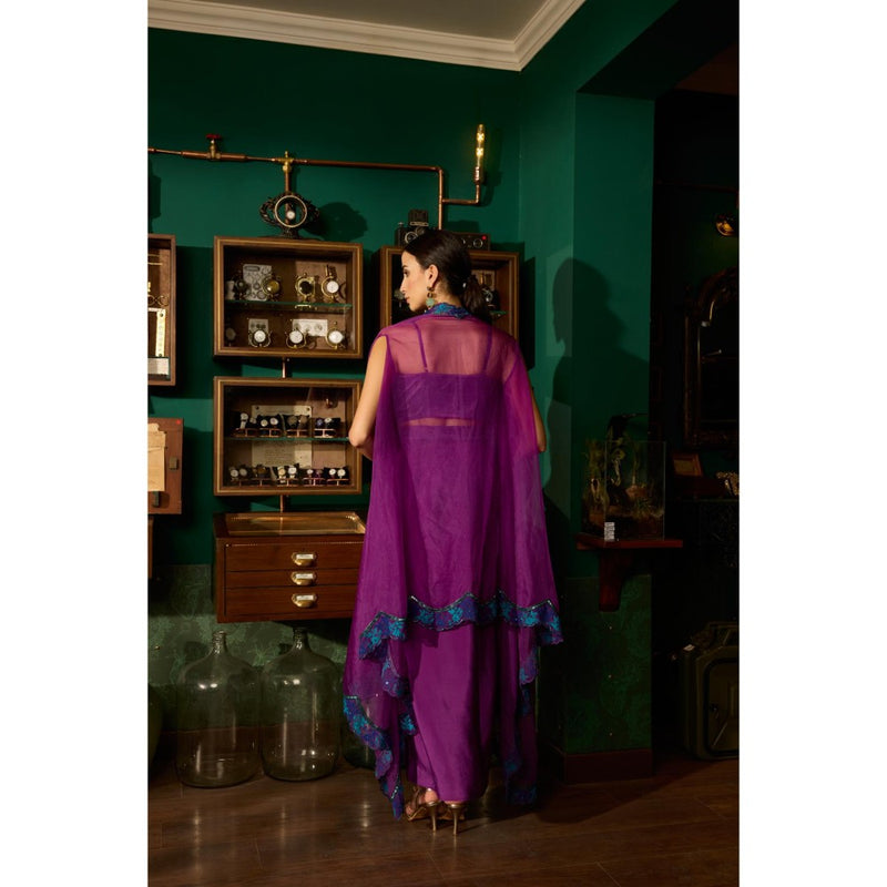 MEESA Purple Embroidered Crepe Skirt with Organza Cape and Bustier (Set of 3)