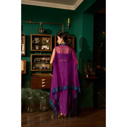 MEESA Purple Embroidered Crepe Skirt with Organza Cape and Bustier (Set of 3)