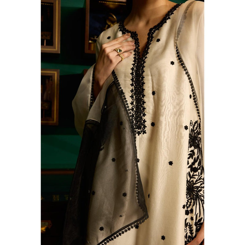 MEESA Beige Embroidered Chanderi Silk Kurta with Pant and Organza Dupatta (Set of 3)
