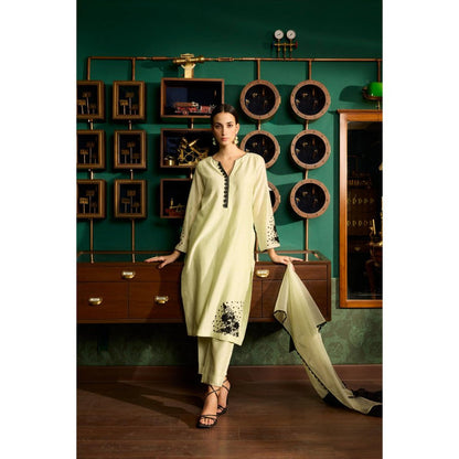 MEESA Pista Green Embroidered Chanderi Silk Kurta with Pant and Organza Dupatta (Set of 3)
