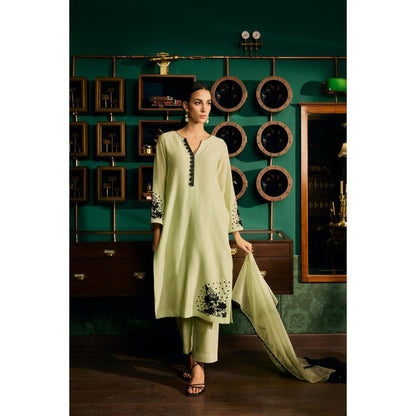 MEESA Pista Green Embroidered Chanderi Silk Kurta with Pant and Organza Dupatta (Set of 3)