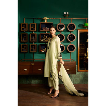MEESA Pista Green Embroidered Chanderi Silk Kurta with Pant and Organza Dupatta (Set of 3)