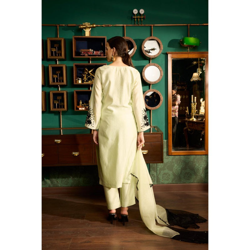 MEESA Pista Green Embroidered Chanderi Silk Kurta with Pant and Organza Dupatta (Set of 3)