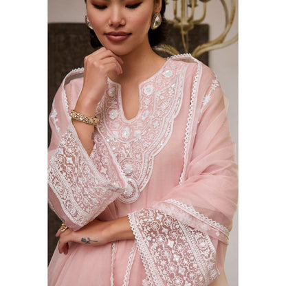 MEESA Pink Embroidered Organza Kurta with Pant and Dupatta (Set of 3)