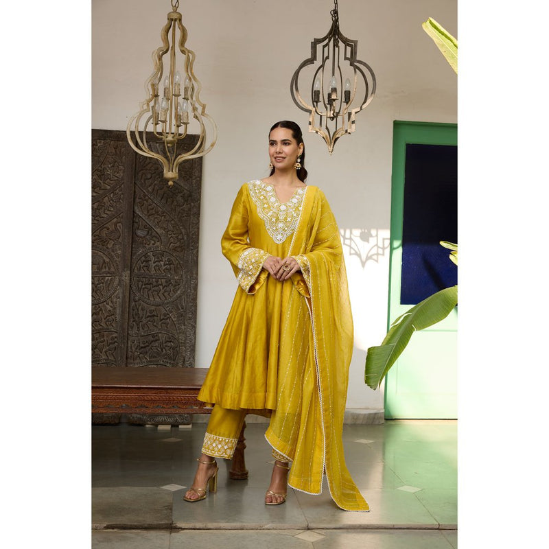 MEESA Mustard Embroidered Chanderi Silk Anarkali with Pant and Dupatta (Set of 3)