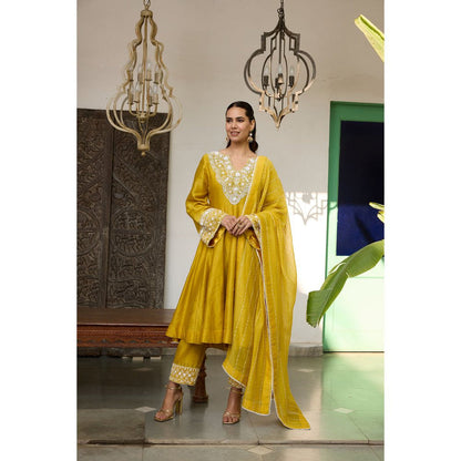 MEESA Mustard Embroidered Chanderi Silk Anarkali with Pant and Dupatta (Set of 3)