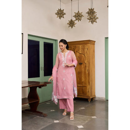 MEESA Pink Embroidered Organza Kurta with Pant and Dupatta (Set of 3)