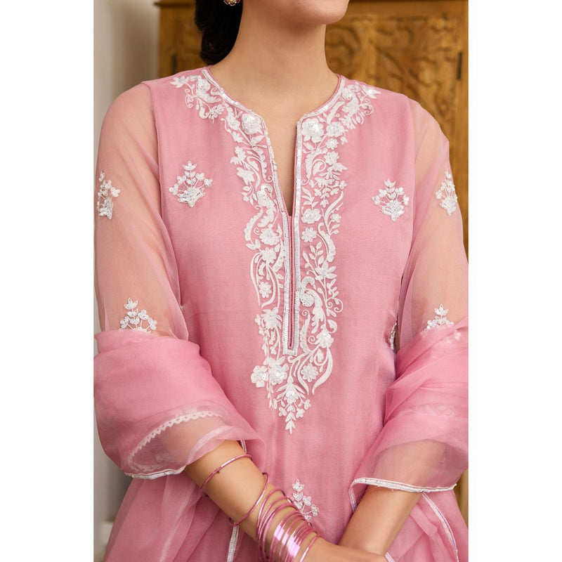 MEESA Pink Embroidered Organza Kurta with Pant and Dupatta (Set of 3)