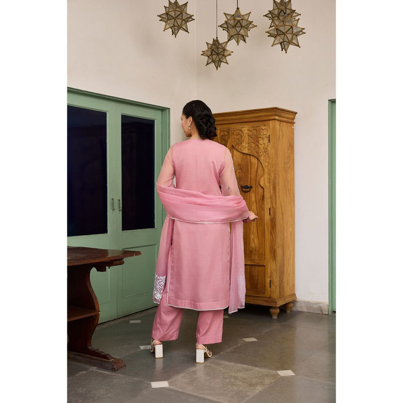 MEESA Pink Embroidered Organza Kurta with Pant and Dupatta (Set of 3)