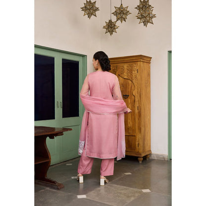 MEESA Pink Embroidered Organza Kurta with Pant and Dupatta (Set of 3)