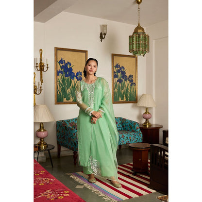 MEESA Green Embroidered Organza Kurta with Pant and Dupatta (Set of 3)