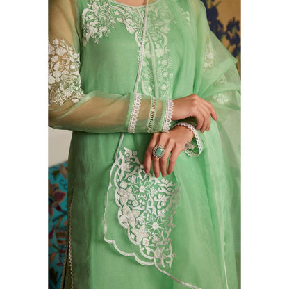 MEESA Green Embroidered Organza Kurta with Pant and Dupatta (Set of 3)