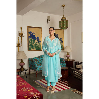 MEESA Blue Embroidered Organza Kurta with Pant and Dupatta (Set of 3)