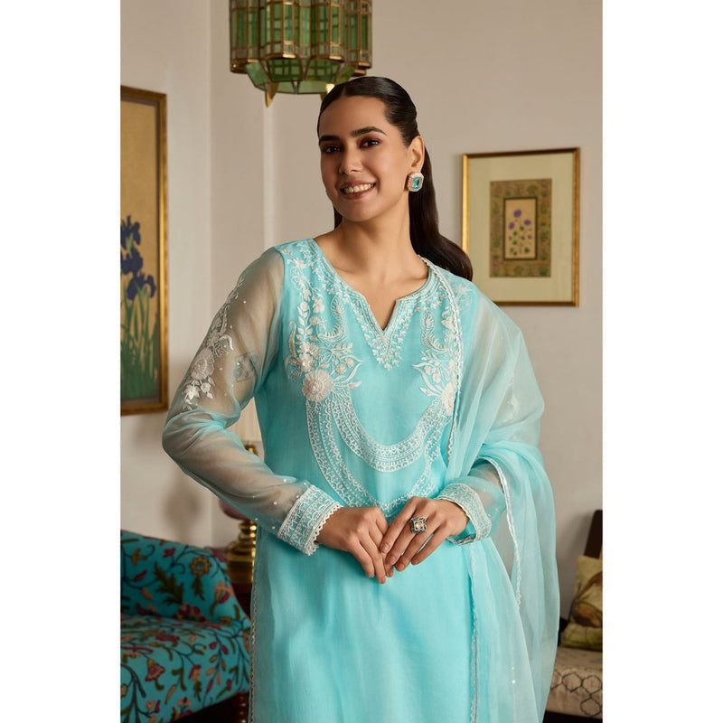 MEESA Blue Embroidered Organza Kurta with Pant and Dupatta (Set of 3)
