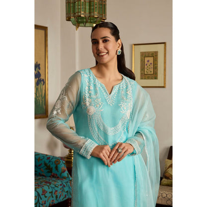 MEESA Blue Embroidered Organza Kurta with Pant and Dupatta (Set of 3)