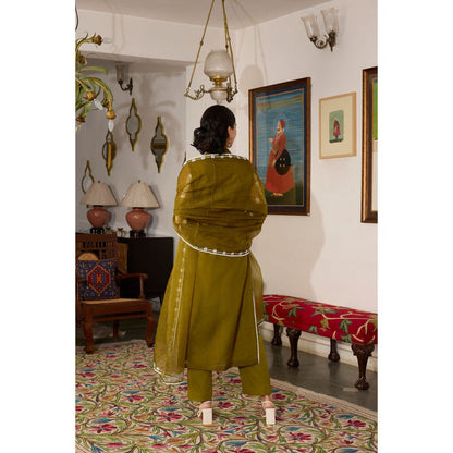MEESA Olive Embroidered Organza Kurta with Pant and Dupatta (Set of 3)