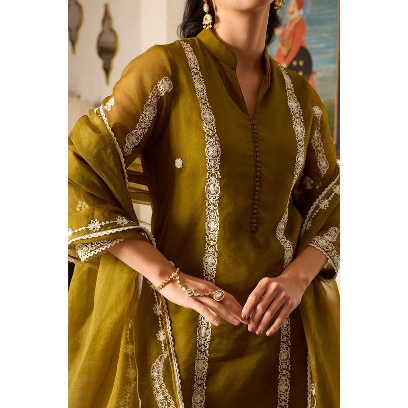 MEESA Olive Embroidered Organza Kurta with Pant and Dupatta (Set of 3)