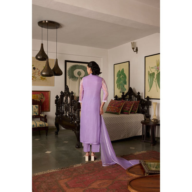 MEESA Lavender Embroidered Organza Kurta and Pant with Dupatta (Set of 3)