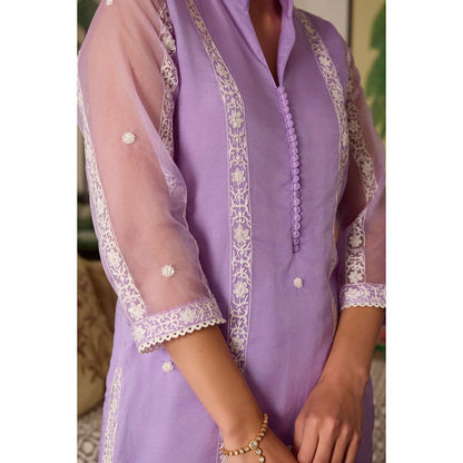 MEESA Lavender Embroidered Organza Kurta and Pant with Dupatta (Set of 3)