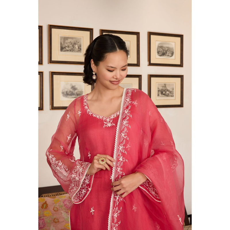 MEESA Pink Embroidered Organza Kurta and Pant with Dupatta (Set of 3)