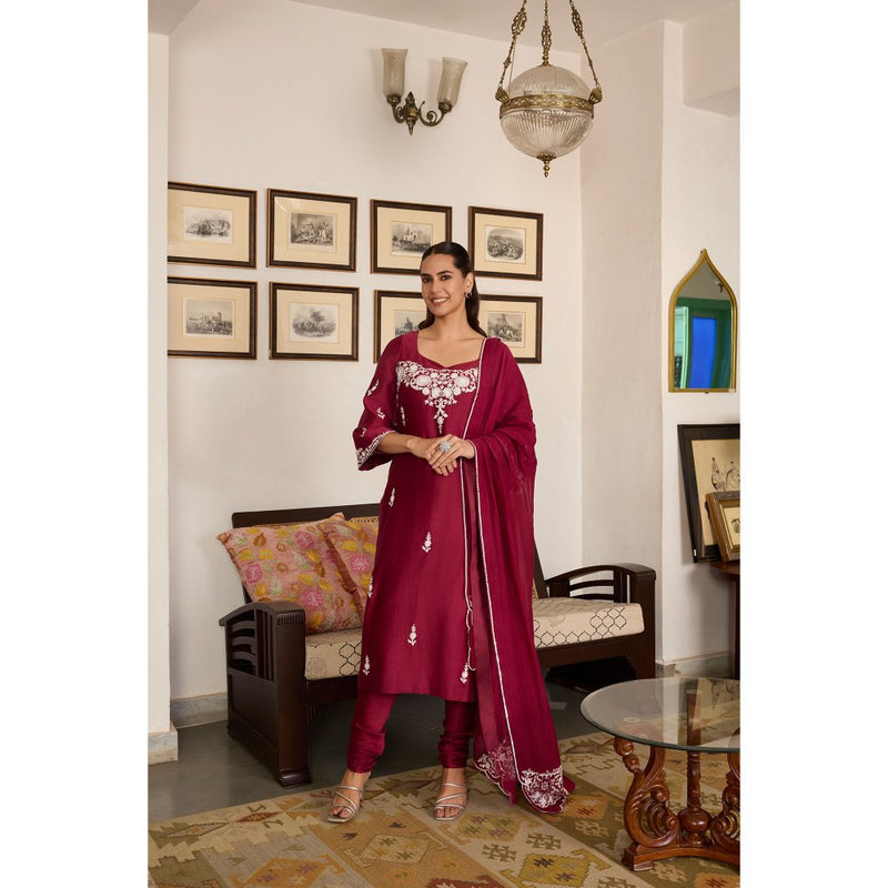MEESA Maroon Embroidered Chanderi Silk Kurta with Churidar and Dupatta (Set of 3)