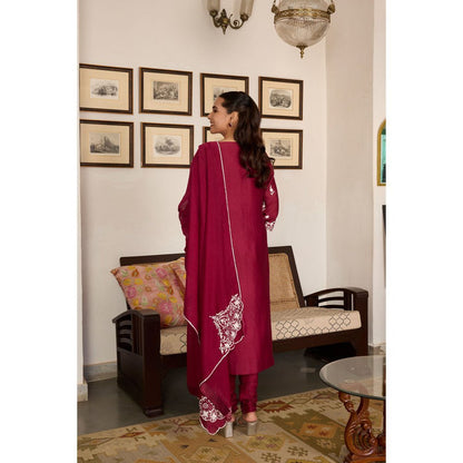 MEESA Maroon Embroidered Chanderi Silk Kurta with Churidar and Dupatta (Set of 3)