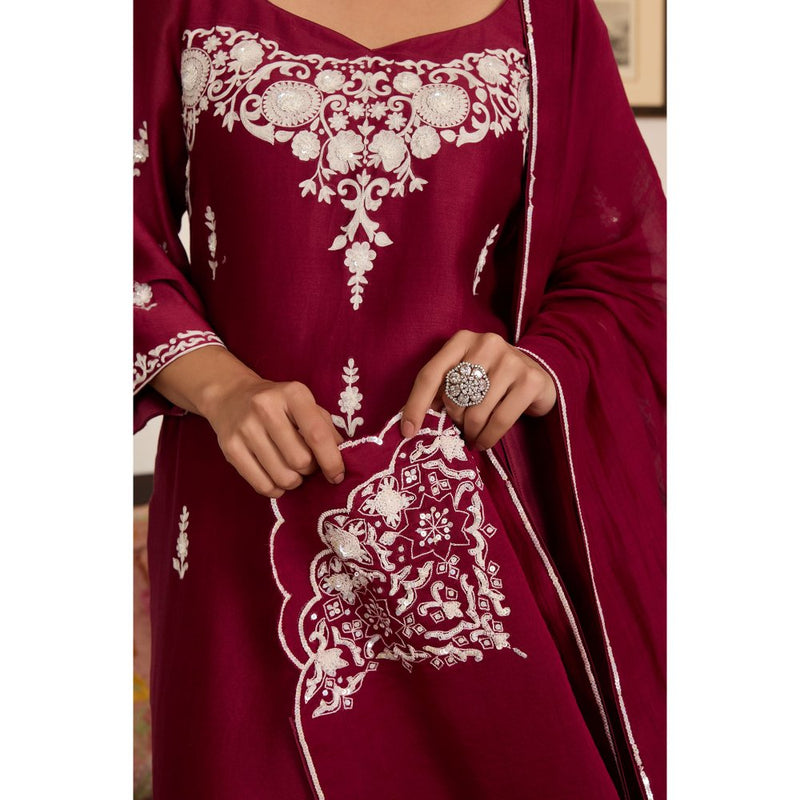 MEESA Maroon Embroidered Chanderi Silk Kurta with Churidar and Dupatta (Set of 3)