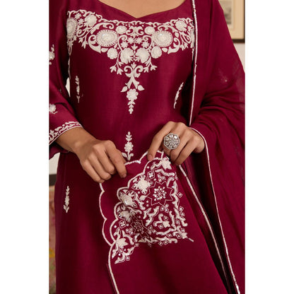 MEESA Maroon Embroidered Chanderi Silk Kurta with Churidar and Dupatta (Set of 3)