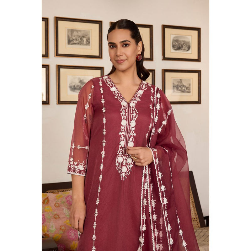 MEESA Embroidered Organza Kurta with Pant and Dupatta (Set of 3)