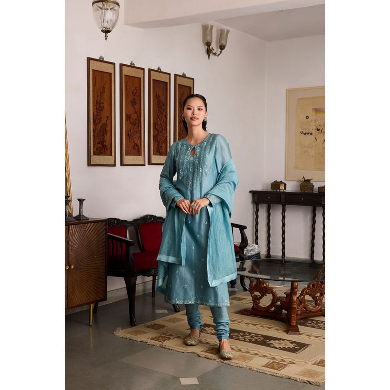 MEESA Blue Embroidered Chanderi Silk Kurta with Churidar and Dupatta (Set of 3)