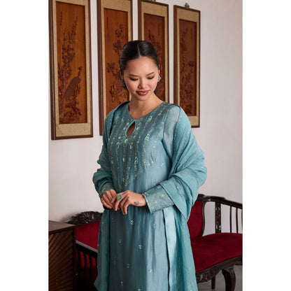 MEESA Blue Embroidered Chanderi Silk Kurta with Churidar and Dupatta (Set of 3)