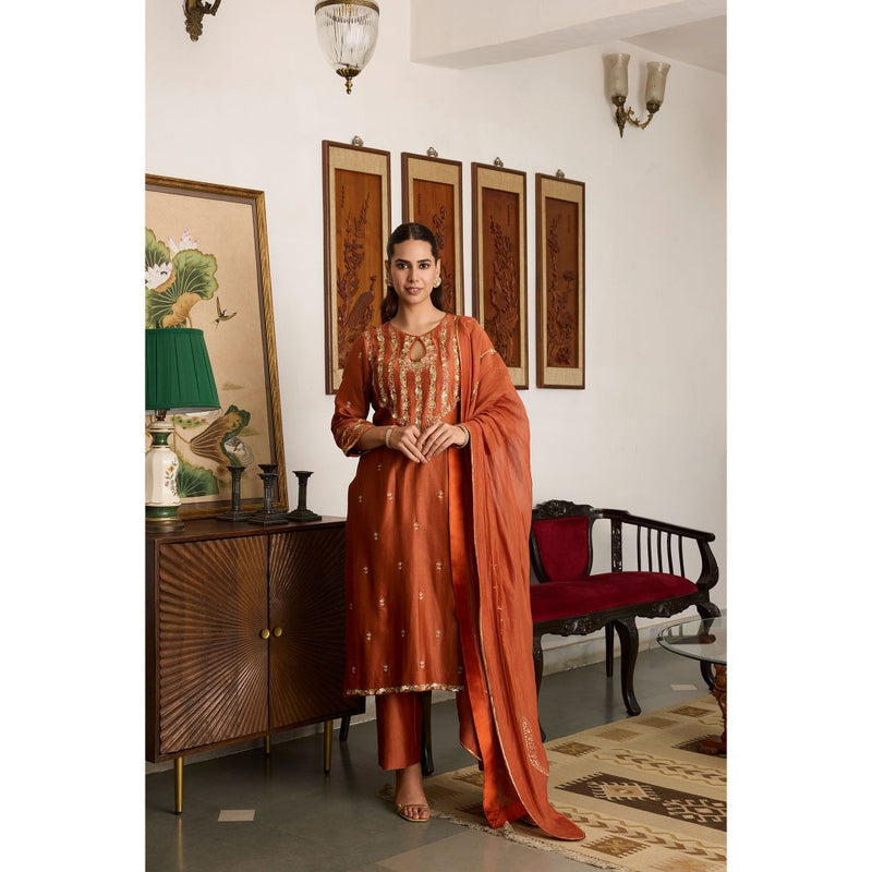 MEESA Rust Embroidered Chanderi Silk Kurta with Pant and Dupatta (Set of 3)