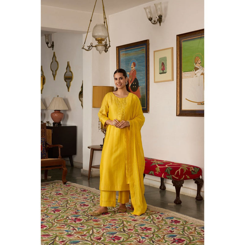 MEESA Yellow Embroidered Chanderi Silk Kurta with Pant and Dupatta (Set of 3)