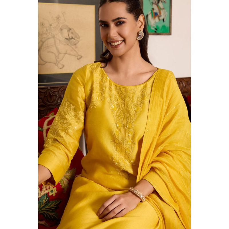 MEESA Yellow Embroidered Chanderi Silk Kurta with Pant and Dupatta (Set of 3)