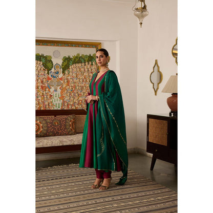 MEESA Embroidered Chanderi Silk Anarkali with Churidar and Dupatta (Set of 3)