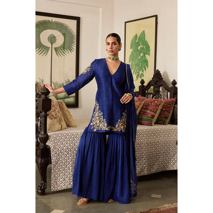 MEESA Blue Embroidered Chanderi Silk Kurta with Sharara and Dupatta (Set of 3)